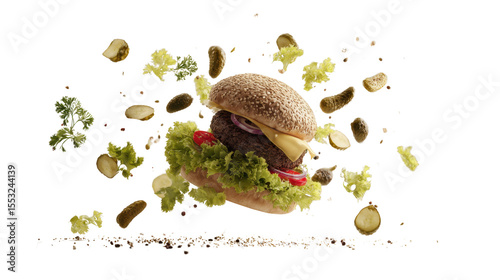 Floating Burger on white background: A tasty burger with fresh vegetable ingredients falling down around burger with herbs.