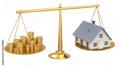 Real Estate Investment: A visual metaphor that perfectly captures the essence of real estate investment, with a scale balancing stacks of coins against a miniature house.