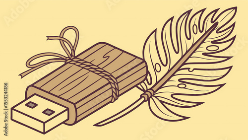 Vintage flash drive and feather illustration for data storage and writing concept design art