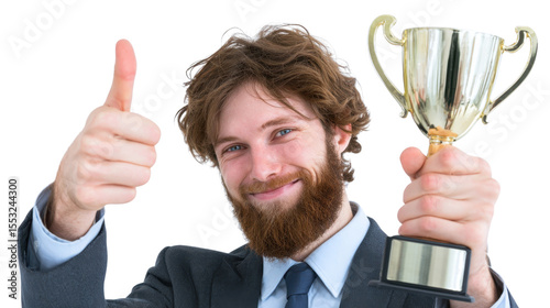 Triumphant Winner: A victorious man, sporting a beard and suit, jubilantly displays a trophy while giving a thumbs up. This image embodies triumph and achievement.