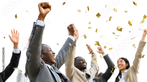 Team triumph and confetti shower: A diverse team of professionals celebrates a major achievement, their arms raised amidst a shower of celebratory confetti, expressing pure joy and success.