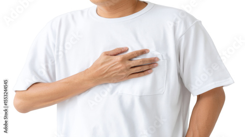 A Man Holding His Chest: A middle-aged man with a furrowed brow clutching his chest in discomfort, the image suggesting heart health concerns.
