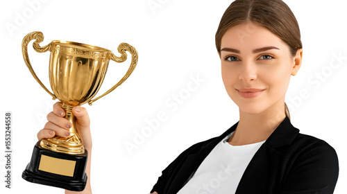 Woman Holding a Gold Trophy: Confident woman displaying a gold trophy, embodying success and achievement.