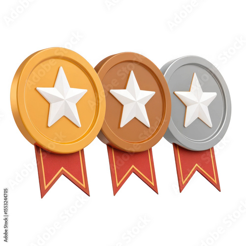 3d realistic gold silver bronze award medals with star isolated on transparent background