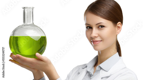 Scientist with Chemical Flask: A bright-eyed scientist, smiles, holding a spherical flask containing an vibrant green liquid, which is a symbol of scientific advancement.