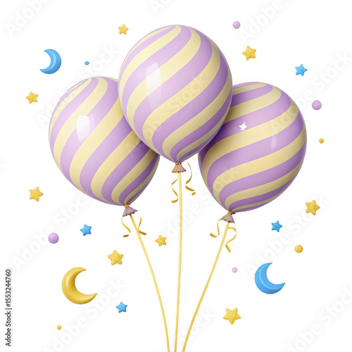 3d realistic purple and yellow striped balloons isolated on transparent background