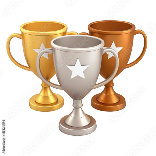 3d realistic gold silver and bronze trophy set isolated on transparent background