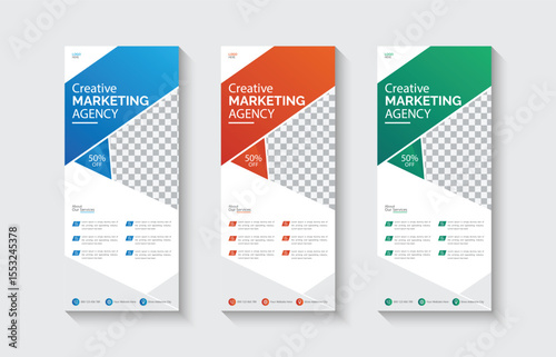 Business Vertical Banner Design – Creative Marketing Agency Roll-Up Template with 3 Color Variations and Discount Section, Rollup banner, Pull up banner, Rollup banner design, marketing banner