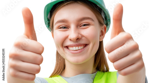 Happy Engineer: A smiling female engineer wearing a green hard hat gives a double thumbs up, conveying a sense of accomplishment, confidence and success in her profession.