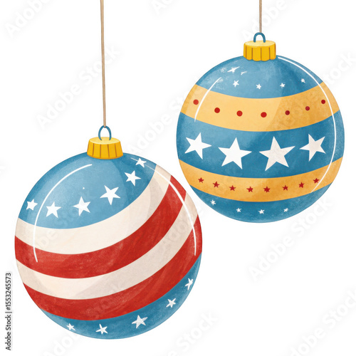 3d patrioitc christmas ornaments isolated on transparent background