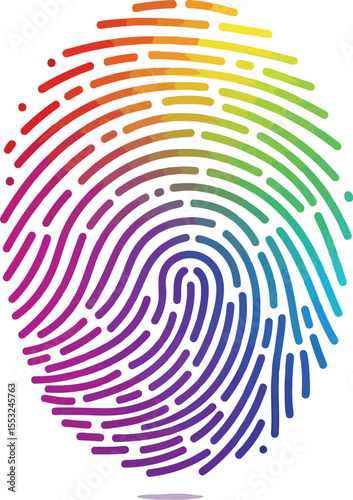 A vibrant fingerprint illustration with rainbow colors on a white background showcasing unique identity