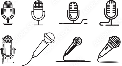   microphone Vector Icon set  line art black and white 