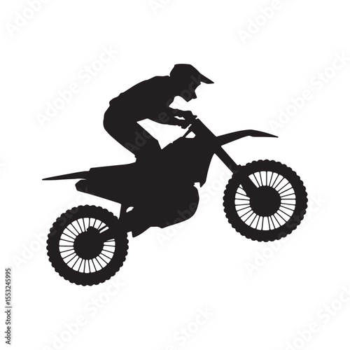 Silhouette of motocross rider jumping on dirt bike, extreme sport motorcycle stunt vector illustration.