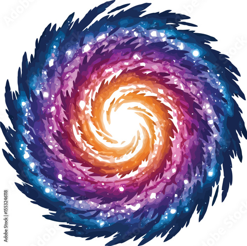 A vibrant spiral galaxy illustration with swirling colors and bright center on a white background space art