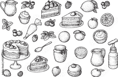 Hand-drawn sketch of assorted desserts and fruits, including cakes, pies, cupcakes, berries, citrus, cream, jam, and baking tools like a whisk and pitcher, all in a detailed black-and-white style
