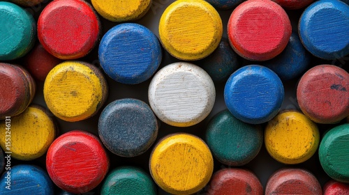 Colorful wooden circle tops overhead view artistic arrangement playful vibrant spectrum vivid hues wood texture