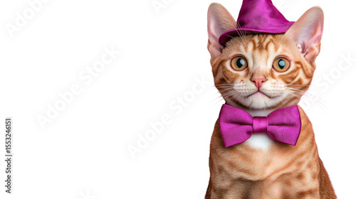 Whimsical Feline: A charming tabby cat, adorned in a festive hat and bow tie, sits poised, exuding a delightful combination of playfulness and elegance. 