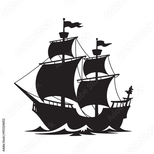Silhouette of an ancient sailing ship with billowing sails on ocean waves, vintage nautical design.