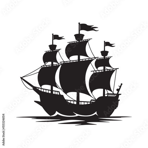 Silhouette of an ancient sailing ship with billowing sails on ocean waves, vintage nautical design.