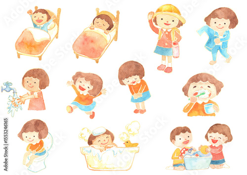 子どもの一日・生活習慣イラストセット｜起床・歯磨き・登園・食事・入浴・就寝