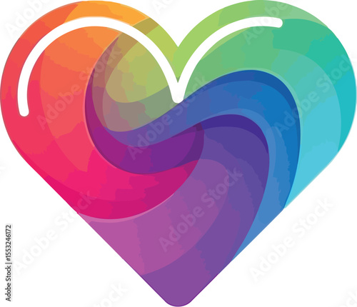 A colorful heart shape with swirling gradients of red orange yellow green blue and purple on white background