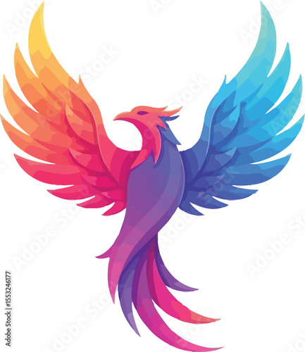 A vibrant phoenix with multicolored wings spread wide against a stark white background in a digital illustration