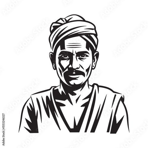 Traditional rural man with turban and mustache, hand-drawn vector illustration of farmer character.