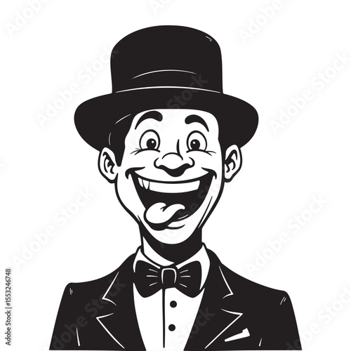 Funny retro man cartoon in suit and bow tie with top hat, smiling face expression vintage vector art.