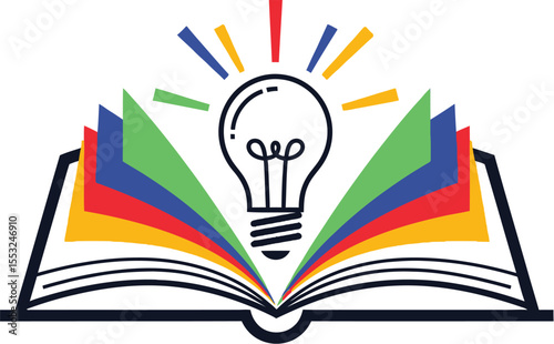An open book with colorful pages and a lightbulb emitting rays on a white isolated background