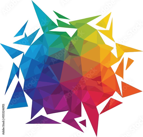 A colorful geometric design with triangles and sharp edges on a white background in a radial pattern