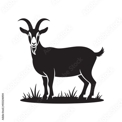 Silhouette of a standing goat with horns and beard, farm animal livestock icon for rural design use.