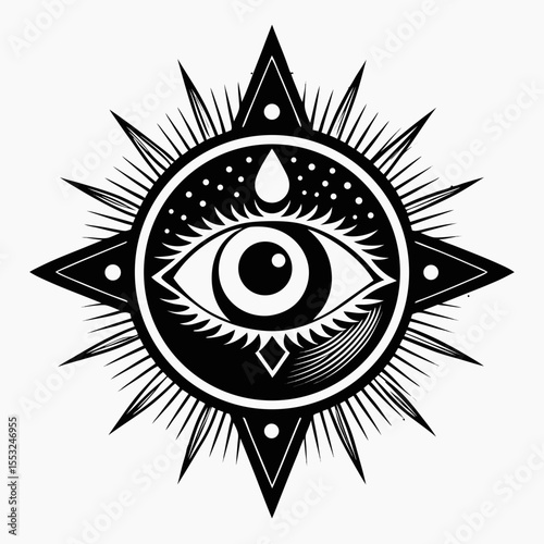 Mysterious all seeing eye symbol with starburst and sacred geometry elements