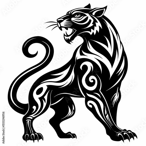 Fierce black panther with tribal patterns roaring on white background