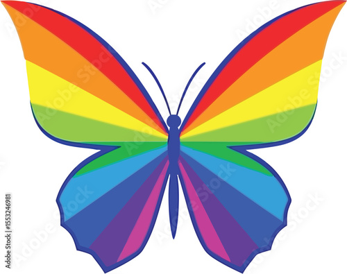 A vibrant rainbow butterfly with distinct color bands displayed against a white background clearly visible