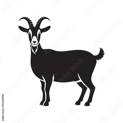 Silhouette of a standing goat with horns and beard, farm animal livestock icon for rural design use.