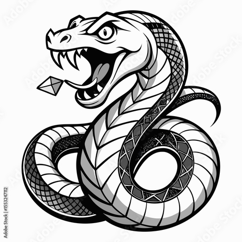 Aggressive black and white snake illustration with fangs and forked tongue