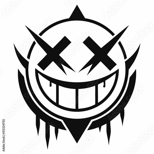 Stylized black and white tribal smiley face with sharp edges and dripping effect