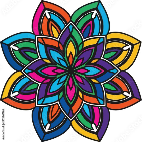 A colorful mandala design with eight petals arranged symmetrically on a white background in a graphic style