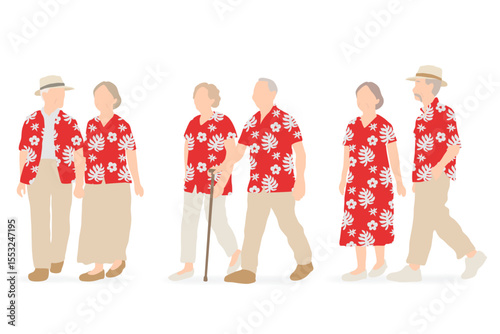 lderly people walking in red Aloha shirts