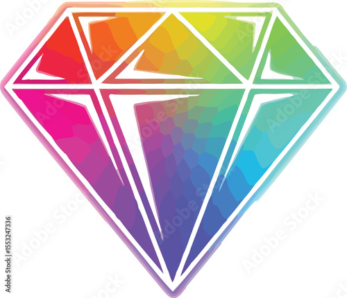 A vibrant rainbow colored diamond with a white outline on a clean white background in a minimalist design