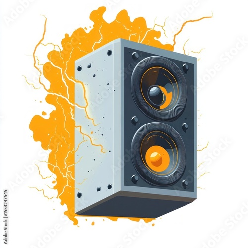 Two large speaker cones emitting vibrant orange electrical energy and sparks from a rectangular gray speaker box