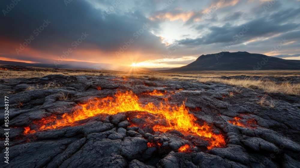 Fototapeta premium A captivating image captures the raw power of flowing lava against a dramatic sunset, highlighting the beauty and intensity of volcanic landscapes in nature.