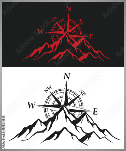 Mountain Range with Compass Rose in Red and Black and White