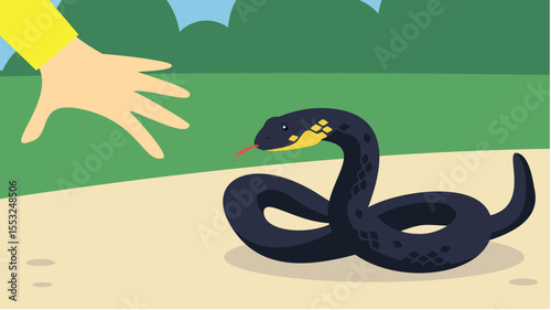 Vector illustration of a hand catching a black snake in a park.