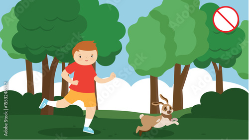 A boy jogging with a dog in the park. Vector illustration