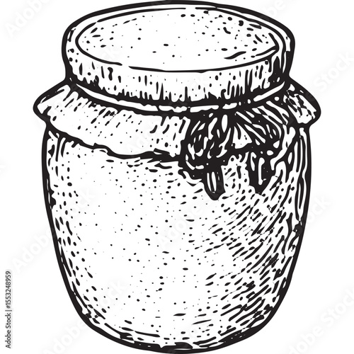 Hand-drawn sketch of a jam jar with a sealed lid, drawn in detailed black-and-white ink, evoking a traditional bakery or fruit preserve theme with a rustic charm