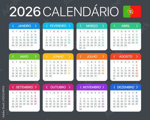 2026 Calendar - vector template graphic illustration - Portuguese version