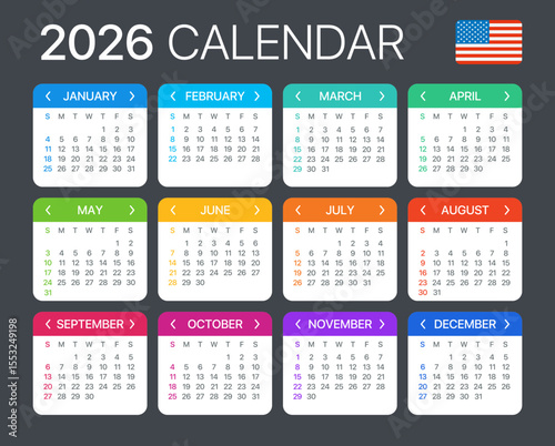 2026 Calendar - vector template graphic illustration - United States version
