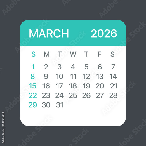 March 2026 Calendar Leaf - Vector template graphic Illustration