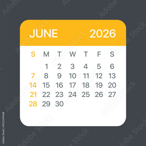 June 2026 Calendar Leaf - Vector template graphic Illustration